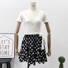 Set: Tie-waist Wrapped T-shirt + Dotted A-line Skirt