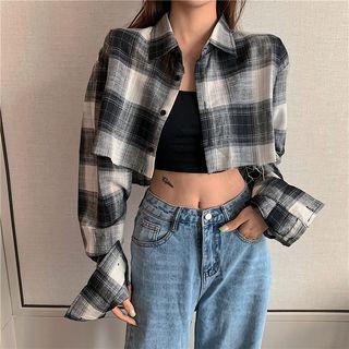 Long-sleeve Plaid Cropped Shirt Black - One Size