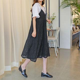 Spaghetti-strap Lace Midi Empire Dress