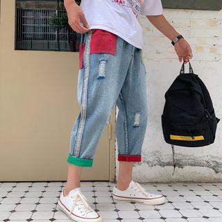 Distressed Colour Block Capri Jeans