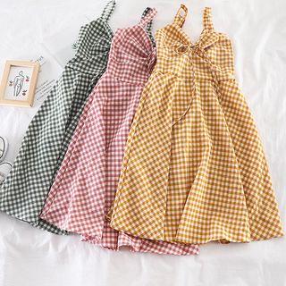 Plaid Sleeveless Drawstring Midi Dress