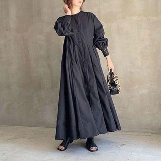 Long Sleeve Round Neck Plain A-line Dress Black - One Size