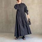Long Sleeve Round Neck Plain A-line Dress Black - One Size