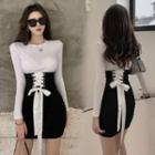 Long-sleeve Plain Top / Lace-up Mini Fitted Skirt