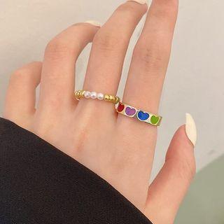 Set Of 2: Faux Pearl / Heart Glaze Ring Set Of 2 - Faux Pearl - Gold & Red & Purple & Blue Heart - Gold - One Size