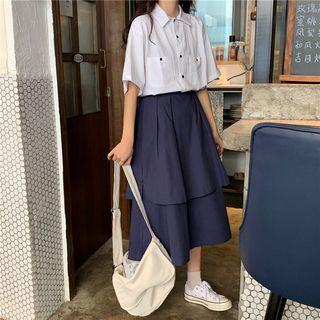 Front Pocket Short-sleeve Blouse / Layered Midi Skirt