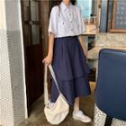 Front Pocket Short-sleeve Blouse / Layered Midi Skirt