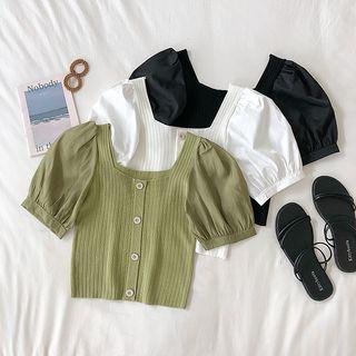 Puff-sleeve Panel Cropped Lightweight Knit Top