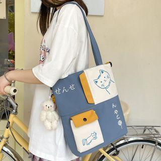 Set: Cat Print Nylon Tote Bag + Bag Charm