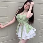 Halter-neck Drawstring Crop Top / Pleated A-line Layered Skirt