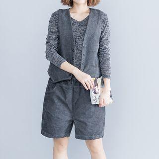 Set: Corduroy Buttoned Vest + Shorts Set - Gray - One Size