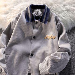 Collared Lettering Print Corduroy Baseball Jacket