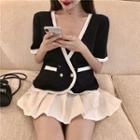 Short-sleeve Knitted Light Jacket / High-waist Pleated A-line Skirt