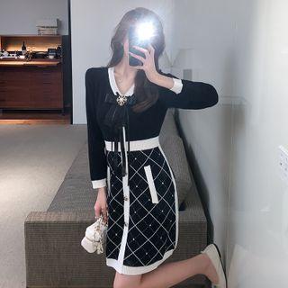 Long-sleeve Bow Accent Plaid Mini Knit Sheath Dress