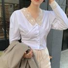Long-sleeve Lace Panel Ruffle Trim Blouse As Shown In Figure - One Size
