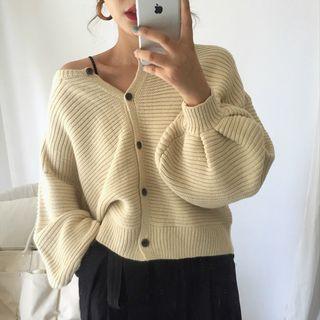 Plain Lantern Sleeve Loose-fit Cardigan