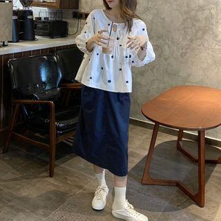 Puff-sleeve Floral Embroidered Tie-front Blouse / Midi A-line Skirt