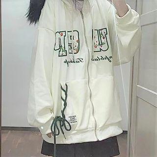 Floral Embroidered Lace-up Zip Hoodie