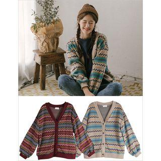 Balloon-sleeve Zigzag-patterned Cardigan