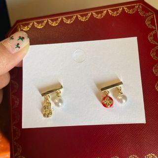 Faux Pearl Peanut Asymmetrical Alloy Dangle Earring 1 Pair - White & Gold & Red - One Size