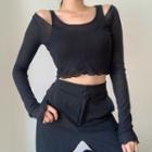 Set: Cropped Tank Top + Long-sleeve Frill Trim Crop Top Black - One Size