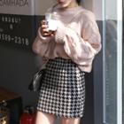 Set: Cable-knit Sweater + Houndstooth Mini Fitted Skirt