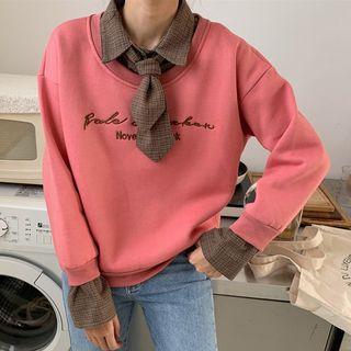 Mock Two-piece Tie Accent Lettering Sweatshirt