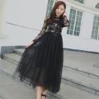 Lace Long-sleeve Mesh Panel Midi A-line Dress