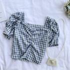 Short-sleeve Frill Trim Gingham Cropped Top