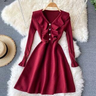 Long-sleeve Ruffle Mini A-line Knit Dress