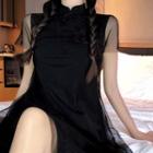 Short-sleeve Mesh Qipao Dress Black - One Size