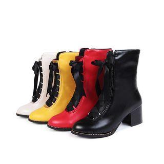 Block Heel Lace Up Faux Leather Snow Boots