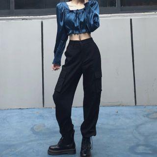 High-waist Cargo Jogger Pants / Square-neck Cropped Blouse