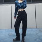 High-waist Cargo Jogger Pants / Square-neck Cropped Blouse