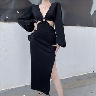 Long-sleeve Cutout Slit Midi Sheath Dress Black - One Size