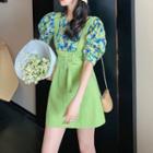 Set: Balloon-sleeve Floral Print Blouse + Belted Jumper Skirt