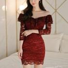 Off-shoulder 3/4-sleeve Mini Lace Dress