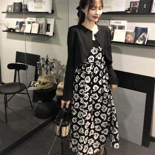 Long-sleeve Cropped Blazer / Sleeveless Rose Print Dress
