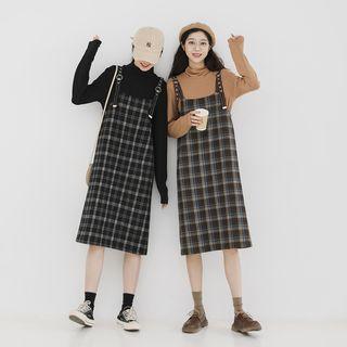 Long-sleeve Mock-neck Knit Top / Plaid Midi Pinafore Dress