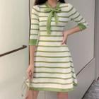 3/4-sleeve Striped A-line Knit Dress