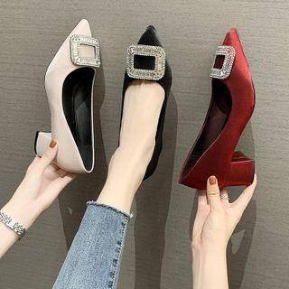 Rhinestone Buckled Chunky Heel Pumps