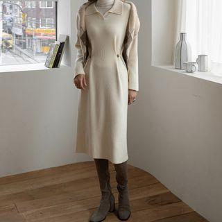 Collared Button-waist Midi Knit Dress