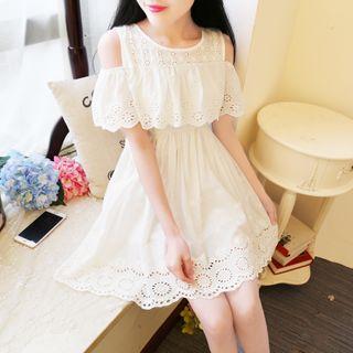 Short-sleeve Cold Shoulder Mini A-line Lace Dress