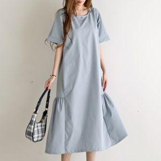 Plain Shirred-trim Midi Dress