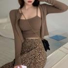 Cropped Cardigan / Camisole Top / Leopard Print Midi A-line Skirt / Set