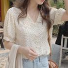Short-sleeve Button-up Dotted Blouse