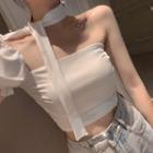 Puff-sleeve Choker-neck Asymmetrical Crop Top