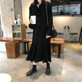 Bell-sleeve Ruffle Hem Midi A-line Dress