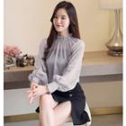 Lace Trim Balloon Sleeve Chiffon Blouse