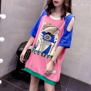Print Elbow-sleeve Cold Shoulder T-shirt